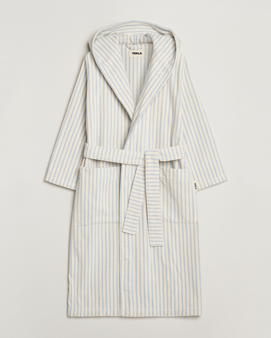 Herr | Pyjamas & Morgonrockar | Tekla | Organic Terry Hooded Bathrobe Soft Blue Stripes