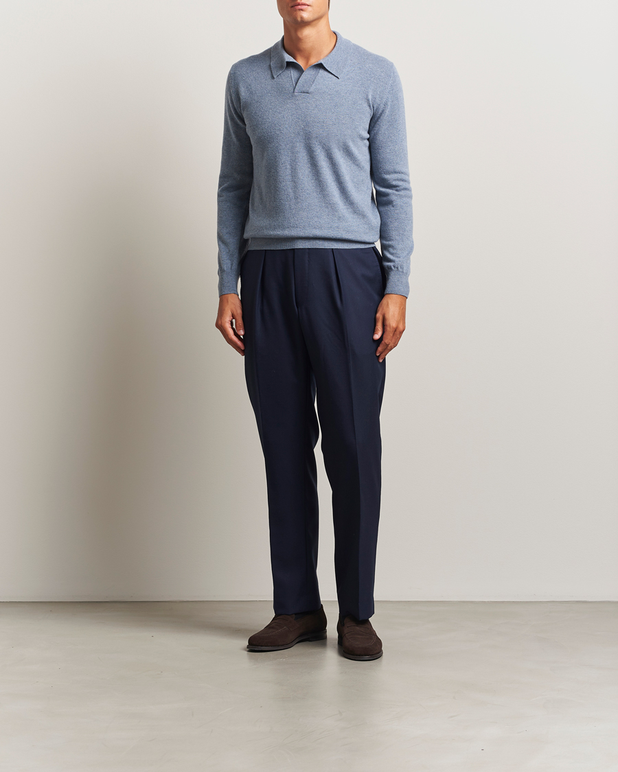 Herr | Tröjor | Altea | Long Sleeve Knitted Wool Polo Blue Melange