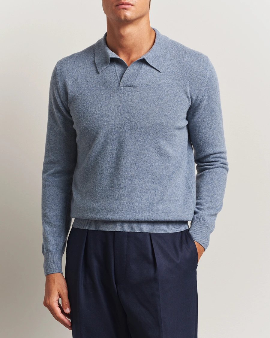 Herr | Tröjor | Altea | Long Sleeve Knitted Wool Polo Blue Melange