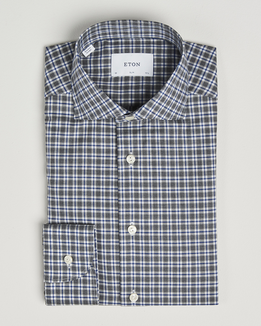 Herr | Skjortor | Eton | Slim Fit Checked Wrinkle Free Flannel Shirt Dark Grey