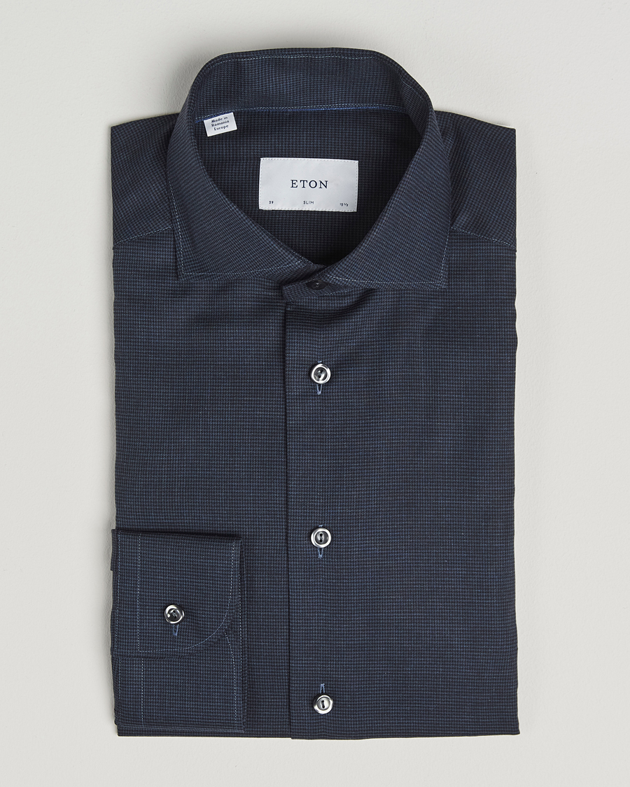 Herr | Skjortor | Eton | Slim Fit Checked Wrinkle Free Flannel Shirt Navy