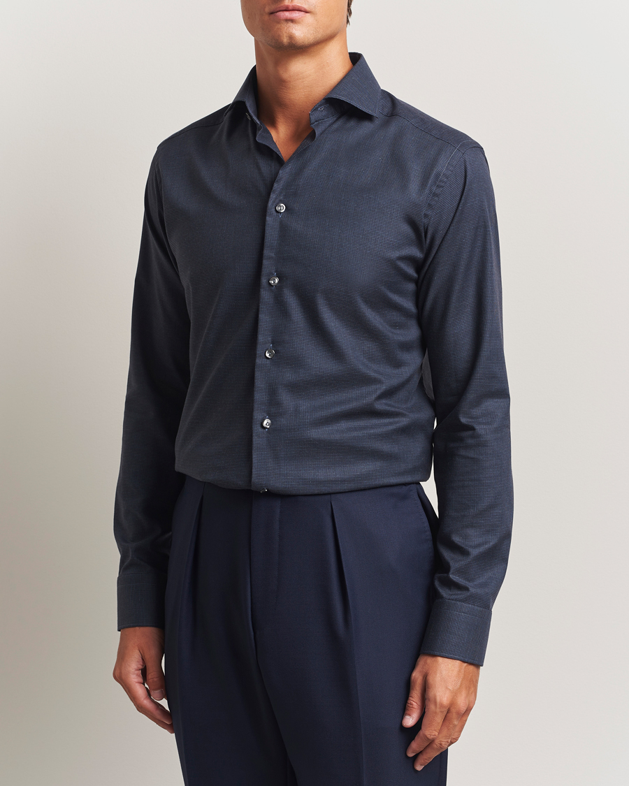 Herr | Skjortor | Eton | Slim Fit Checked Wrinkle Free Flannel Shirt Navy