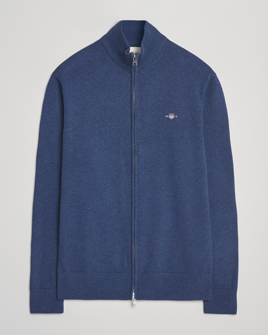 Herr | Tröjor | GANT | Casual Cotton Full Zip Dark Jeans Blue Melange