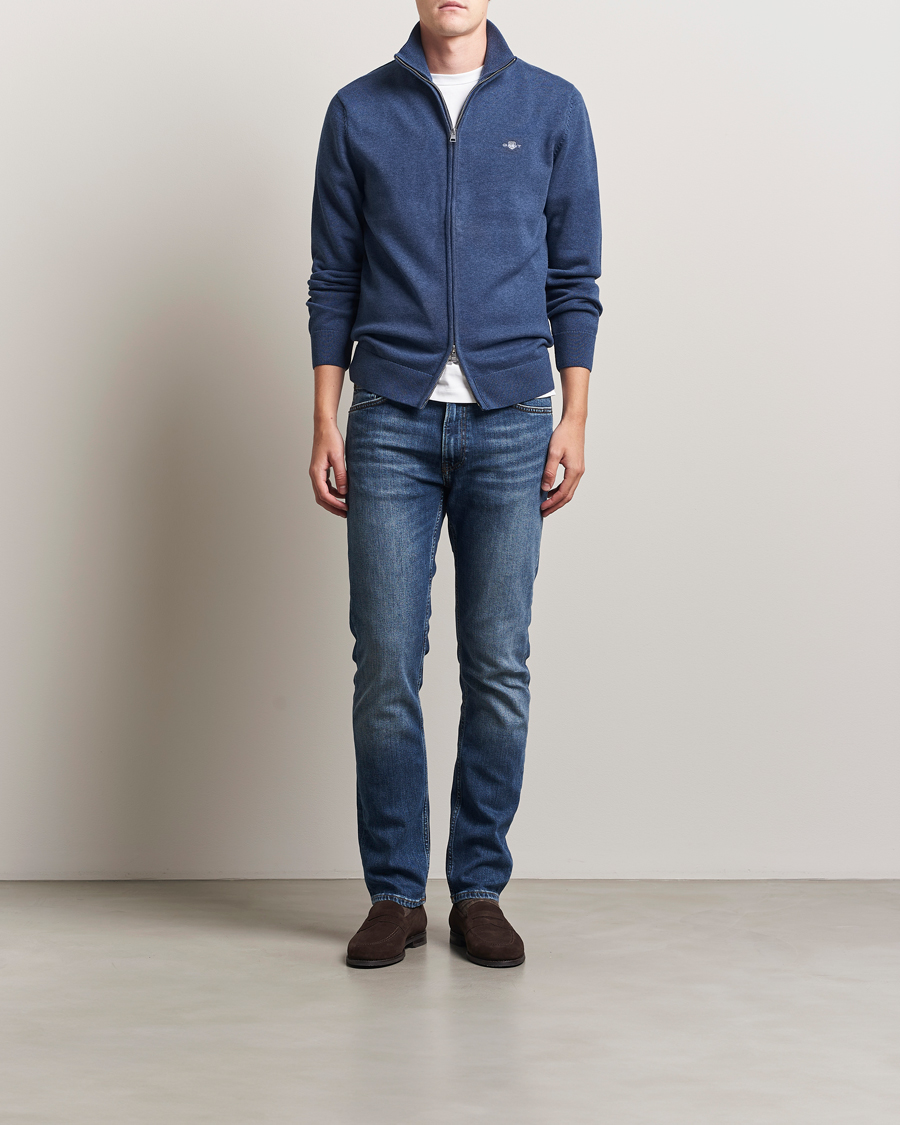 Herr | Tröjor | GANT | Casual Cotton Full Zip Dark Jeans Blue Melange
