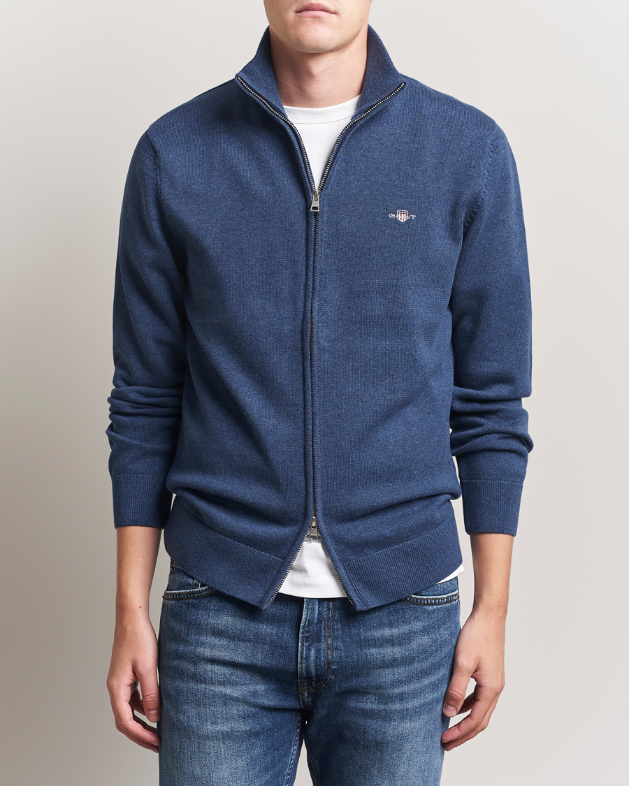 Herr | Tröjor | GANT | Casual Cotton Full Zip Dark Jeans Blue Melange
