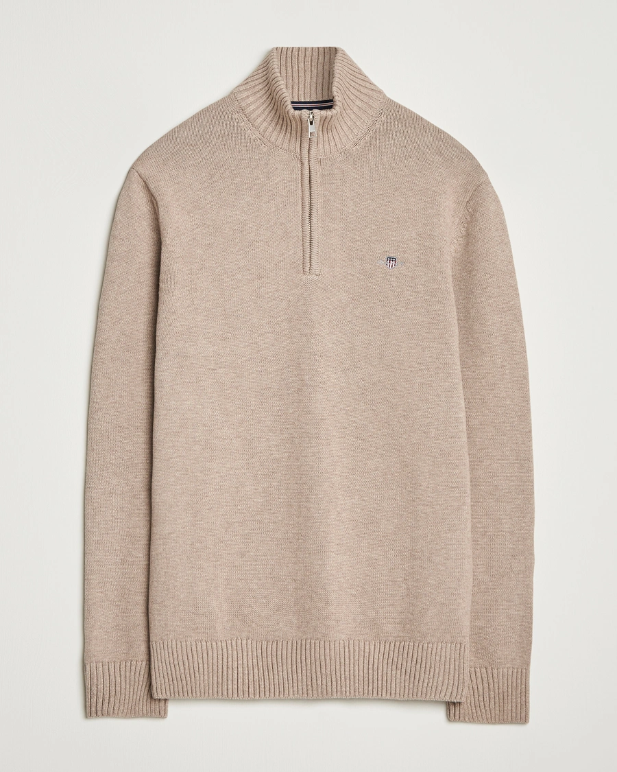 Herr | Tröjor | GANT | Casual Cotton Half Zip Dark Sand Melange