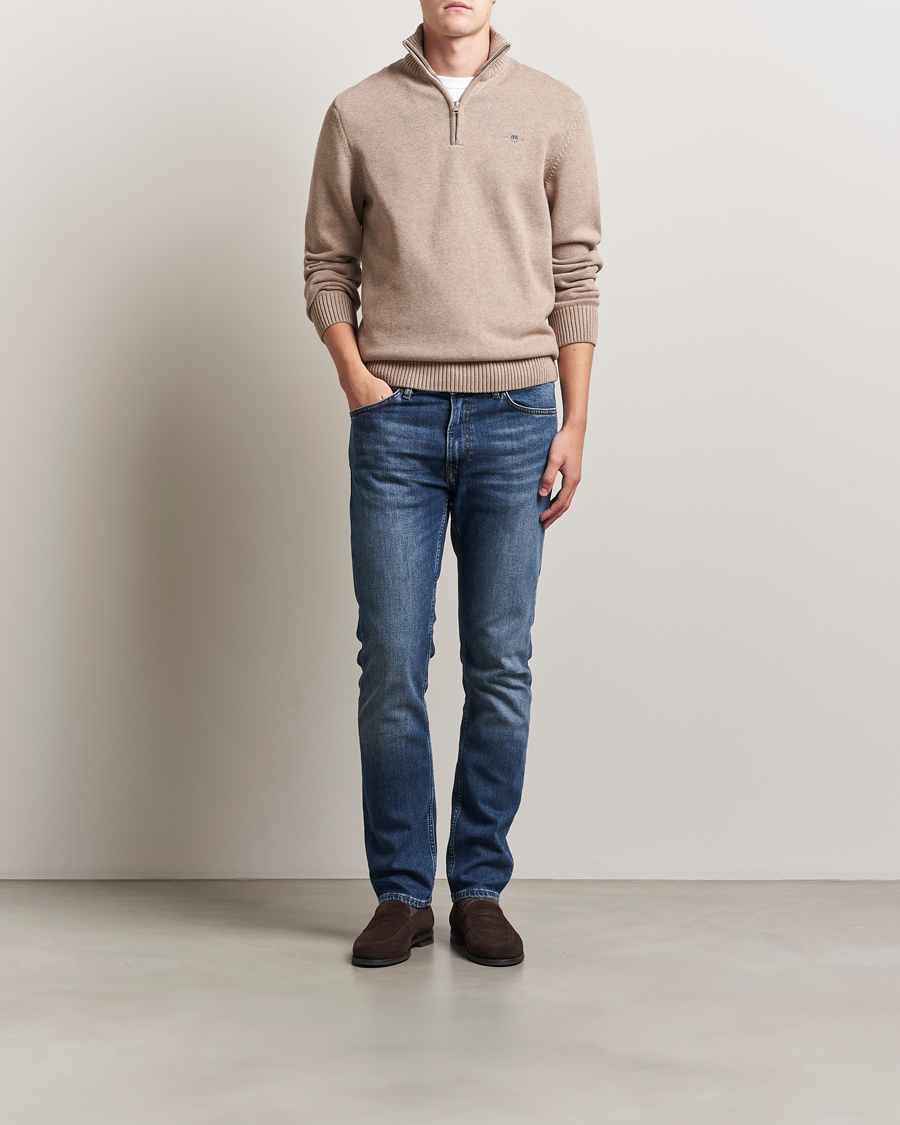 Herr | Tröjor | GANT | Casual Cotton Half Zip Dark Sand Melange