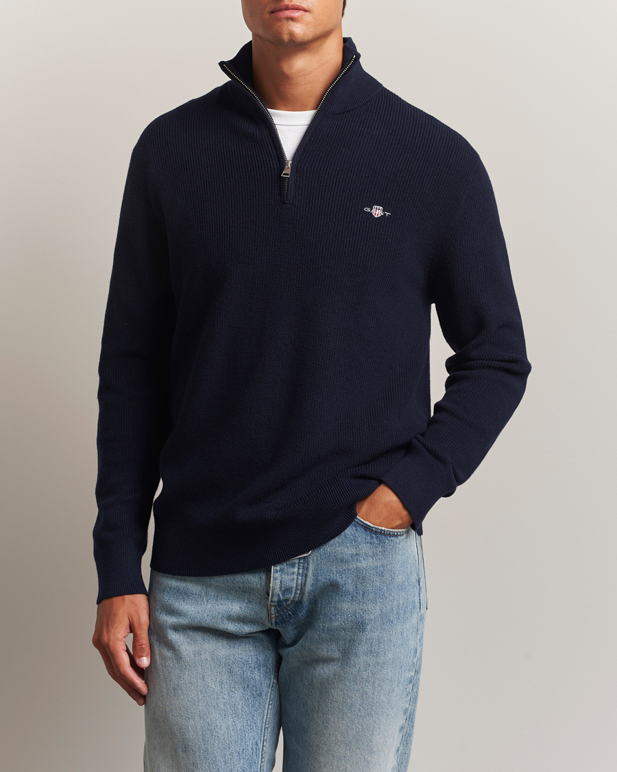Herr | Tröjor | GANT | Cotton/Merino Ribbed Half Zip Evening Blue