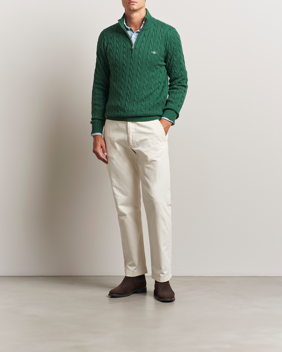 Herr | Tröjor | GANT | Cotton Cable Half Zip Forest Green