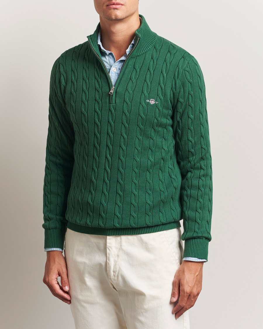 Herr | Tröjor | GANT | Cotton Cable Half Zip Forest Green