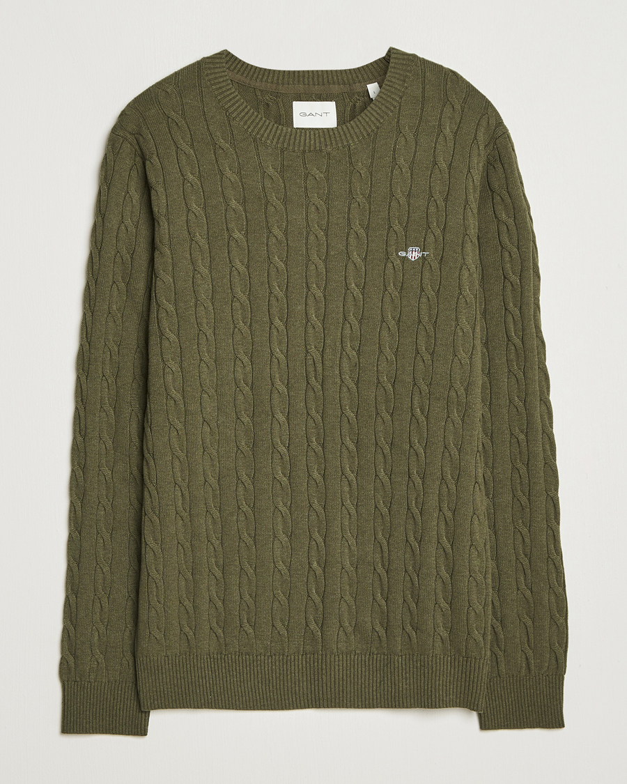 Herr | Tröjor | GANT | Cotton Cable Crew Neck Pullover Khaki Green Melange