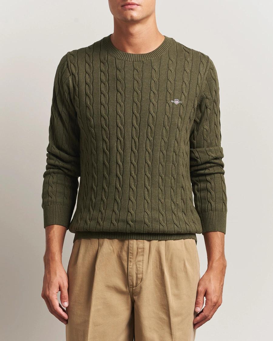 Herr | Tröjor | GANT | Cotton Cable Crew Neck Pullover Khaki Green Melange