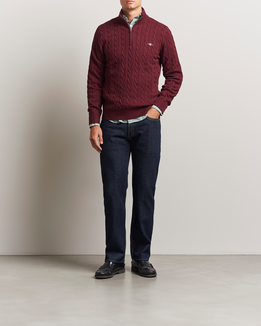 Herr | Tröjor | GANT | Cotton Cable Half Zip Bordeaux Melange