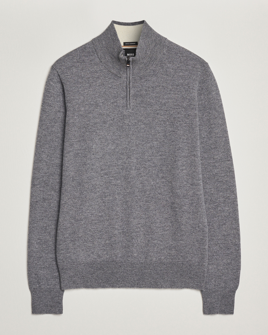 Herr | Tröjor | BOSS BLACK | Hemarlo Wool/Cashmere Half Zip Medium Grey
