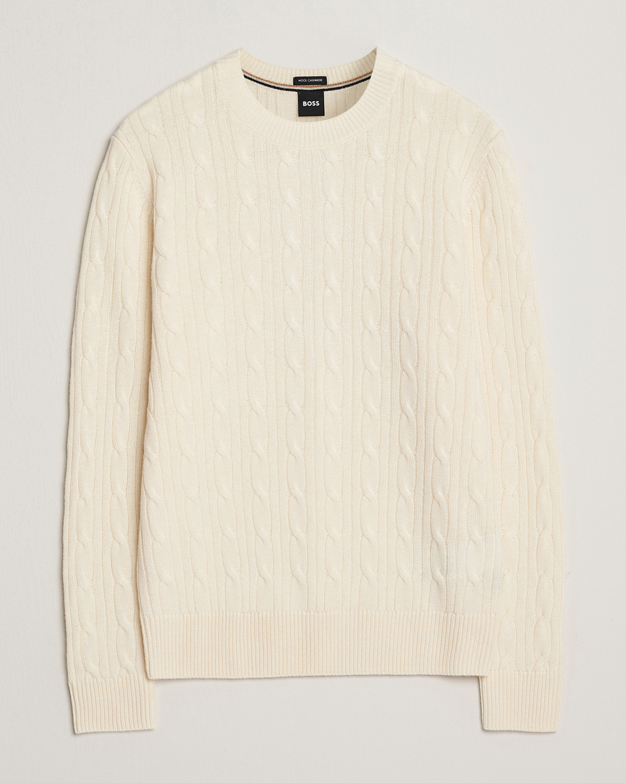 Herr | Tröjor | BOSS BLACK | Hetico Wool/Cashmere Cable Sweater Open White