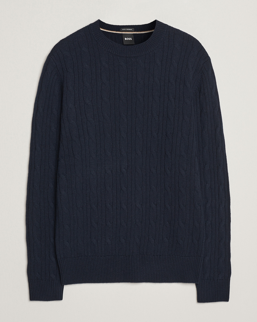 Herr | Tröjor | BOSS BLACK | Hetico Wool/Cashmere Cable Sweater Dark Blue