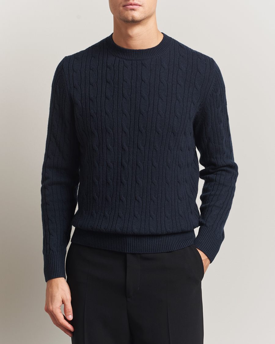 Herr | Tröjor | BOSS BLACK | Hetico Wool/Cashmere Cable Sweater Dark Blue