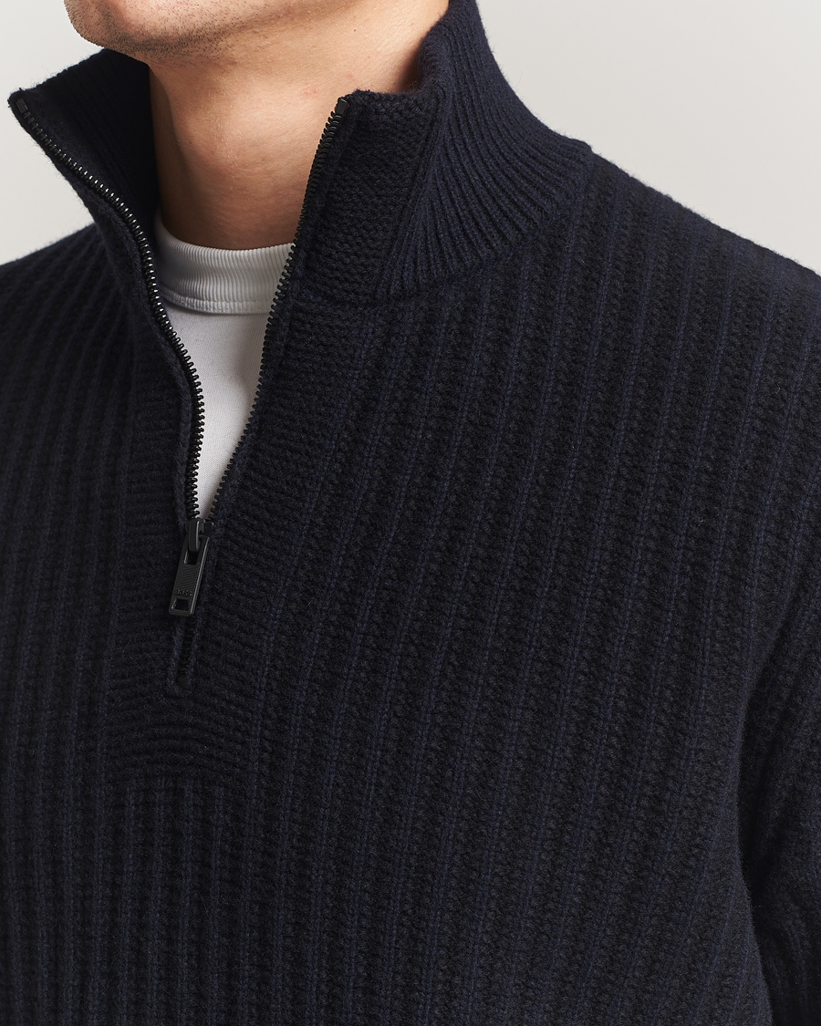 Herr | Tröjor | BOSS ORANGE | Kwinter Ribbed Wool Knitted Half Zip Dark Blue