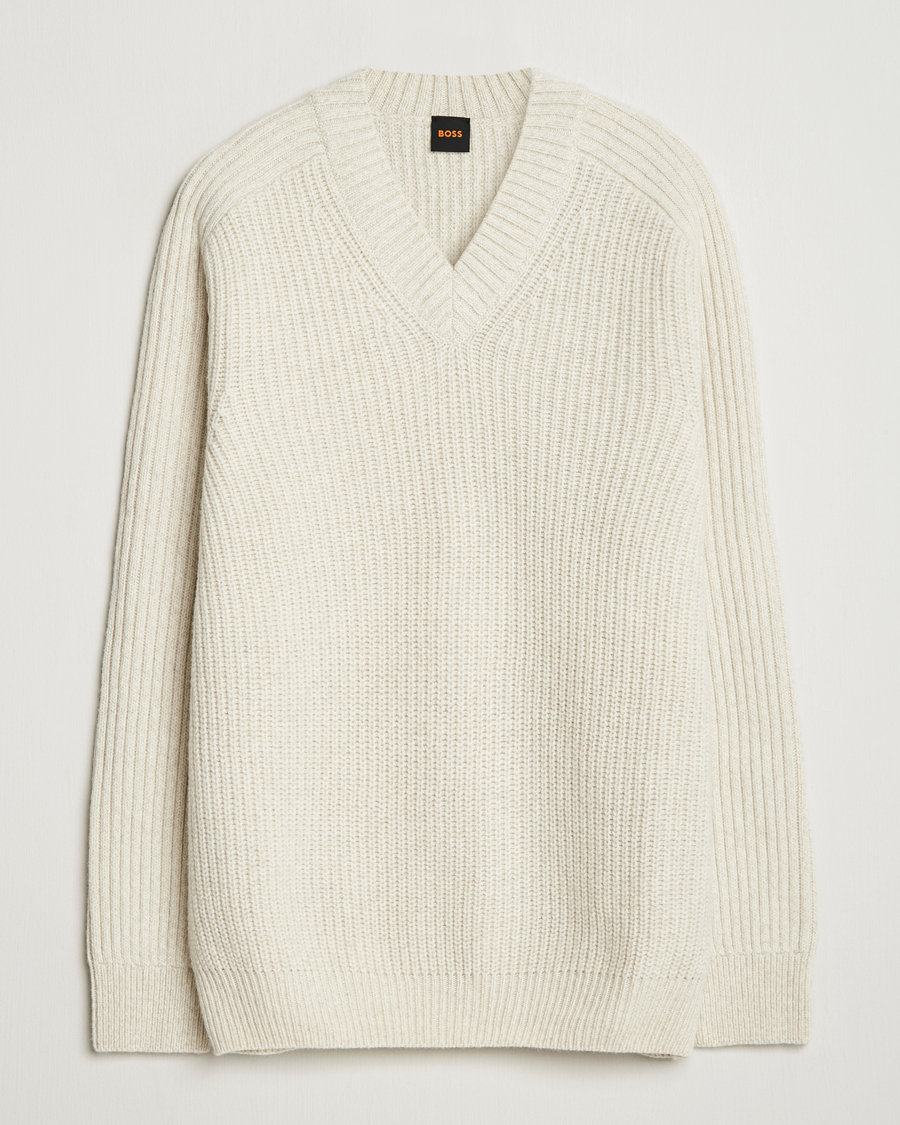 Herr | Tröjor | BOSS ORANGE | Karinet Ribbed Wool Knitted V-Neck Light Beige