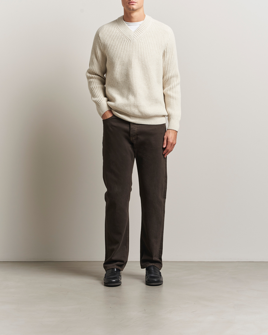 Herr | Tröjor | BOSS ORANGE | Karinet Ribbed Wool Knitted V-Neck Light Beige