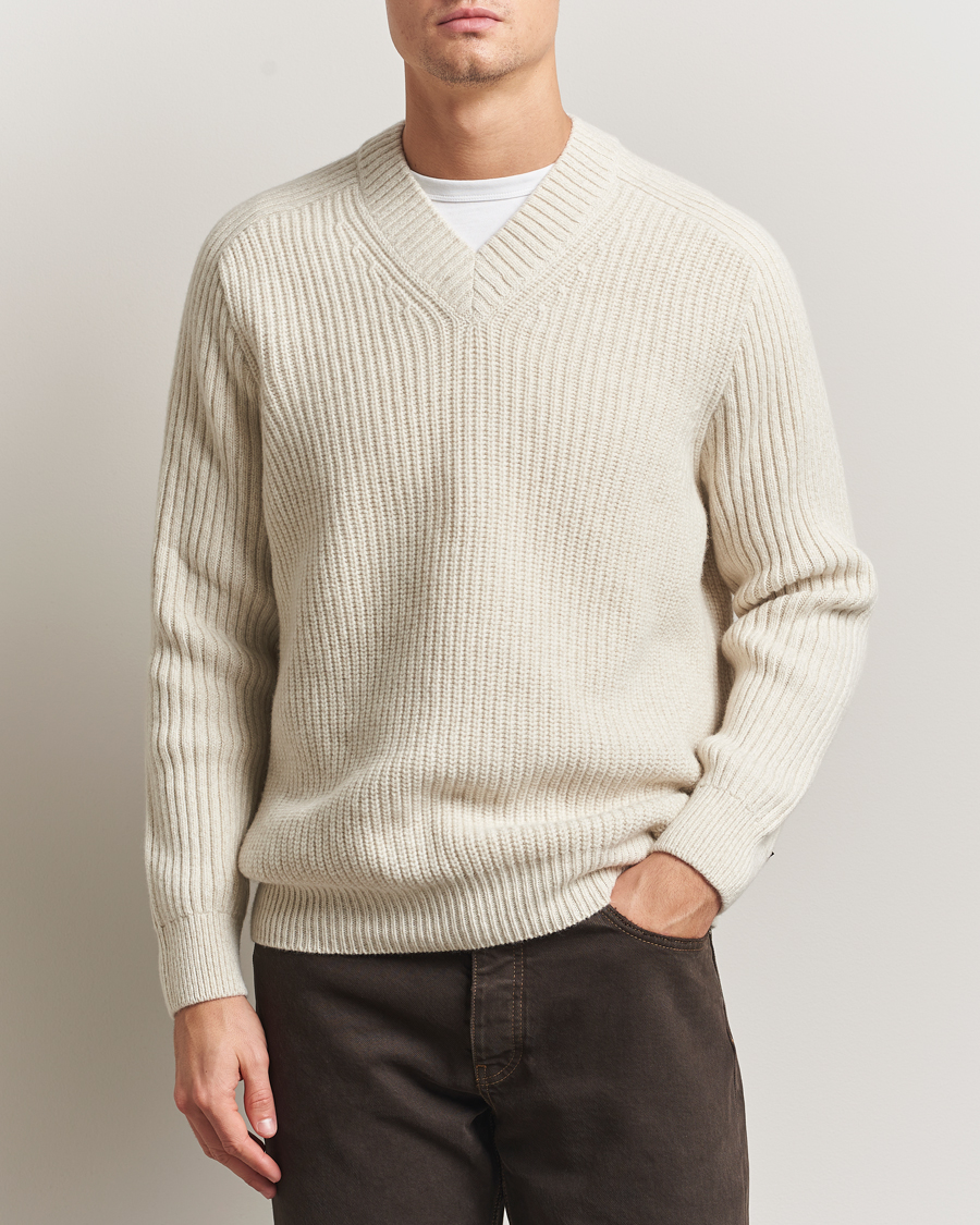 Herr | Tröjor | BOSS ORANGE | Karinet Ribbed Wool Knitted V-Neck Light Beige