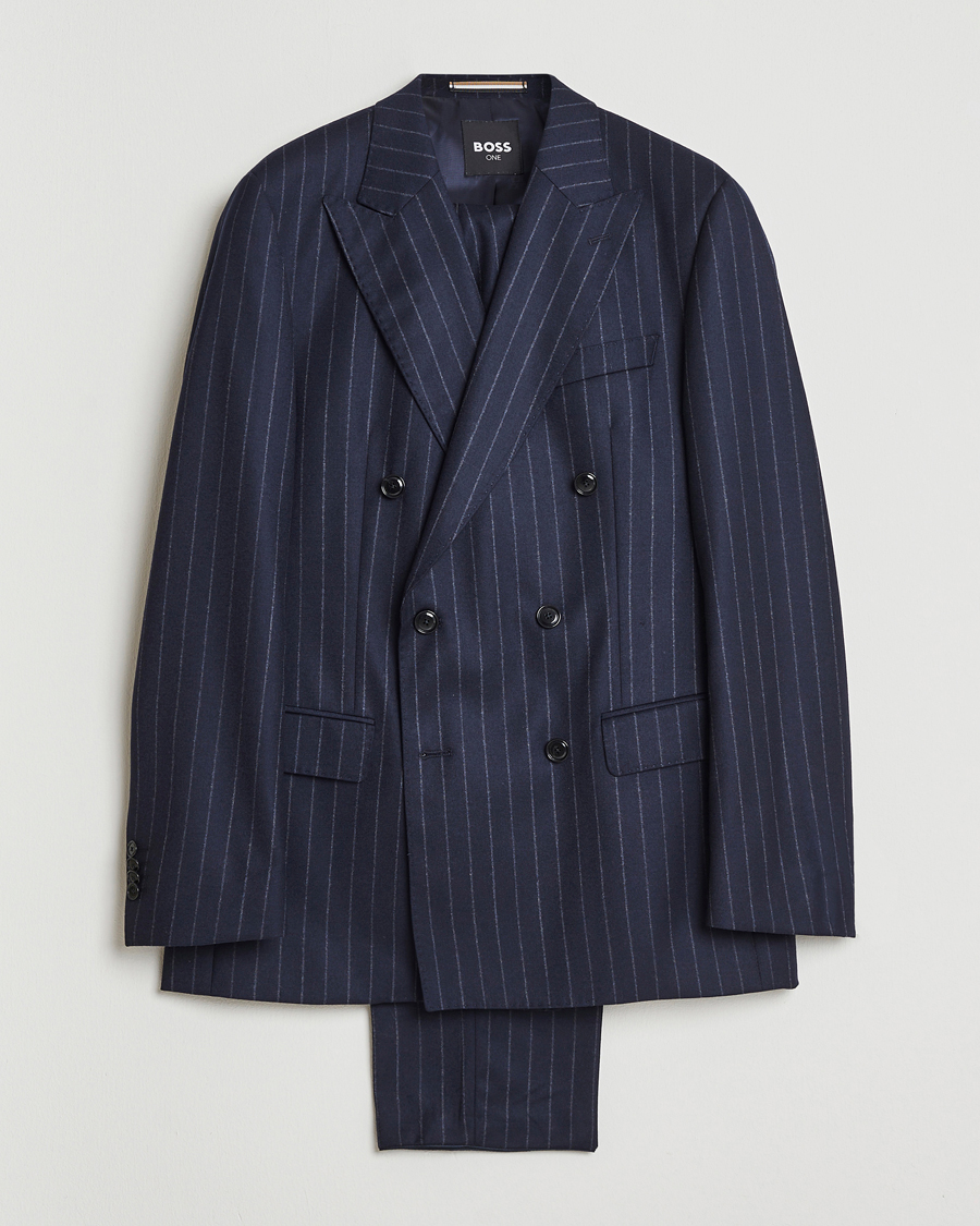 Herr | Kostymer | BOSS BLACK | Huge Wool Double Breasted Pinstriped Suit Dark Blue