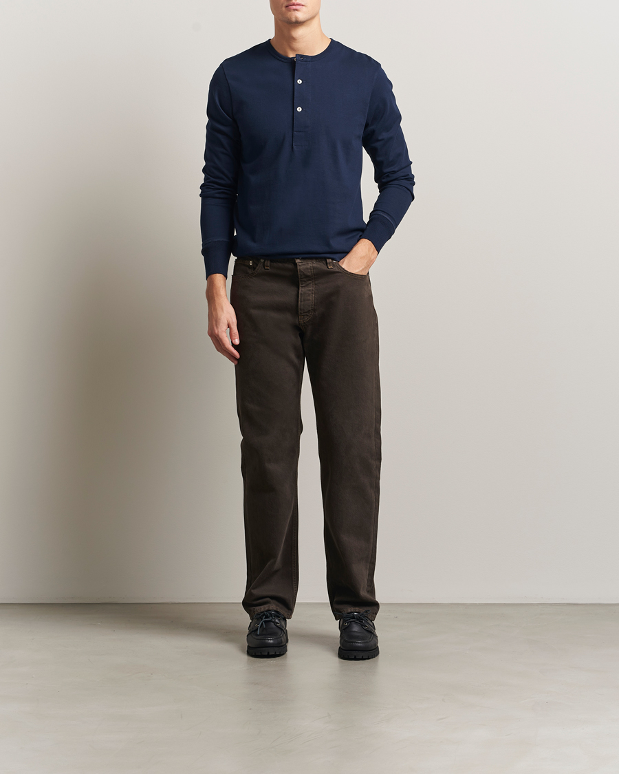 Herr | Tröjor | Merz b. Schwanen | Classic Fit Sturdy Organic Cotton Henley Ink Blue