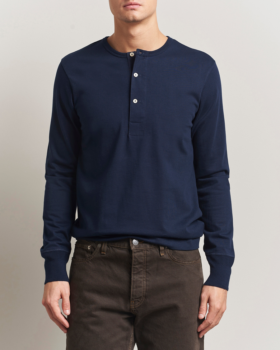 Herr | Tröjor | Merz b. Schwanen | Classic Fit Sturdy Organic Cotton Henley Ink Blue