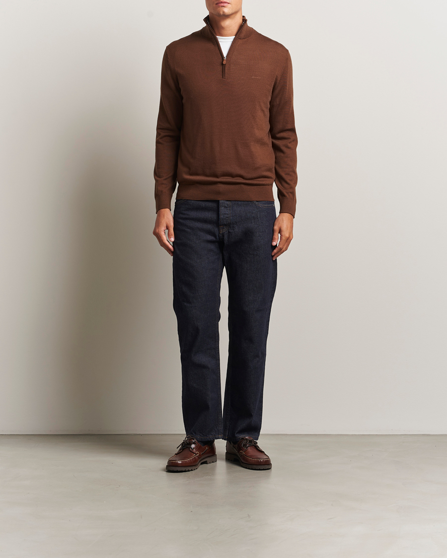 Herr | Tröjor | GANT | Extrafine Merino Wool Half Zip Mahogany Brown