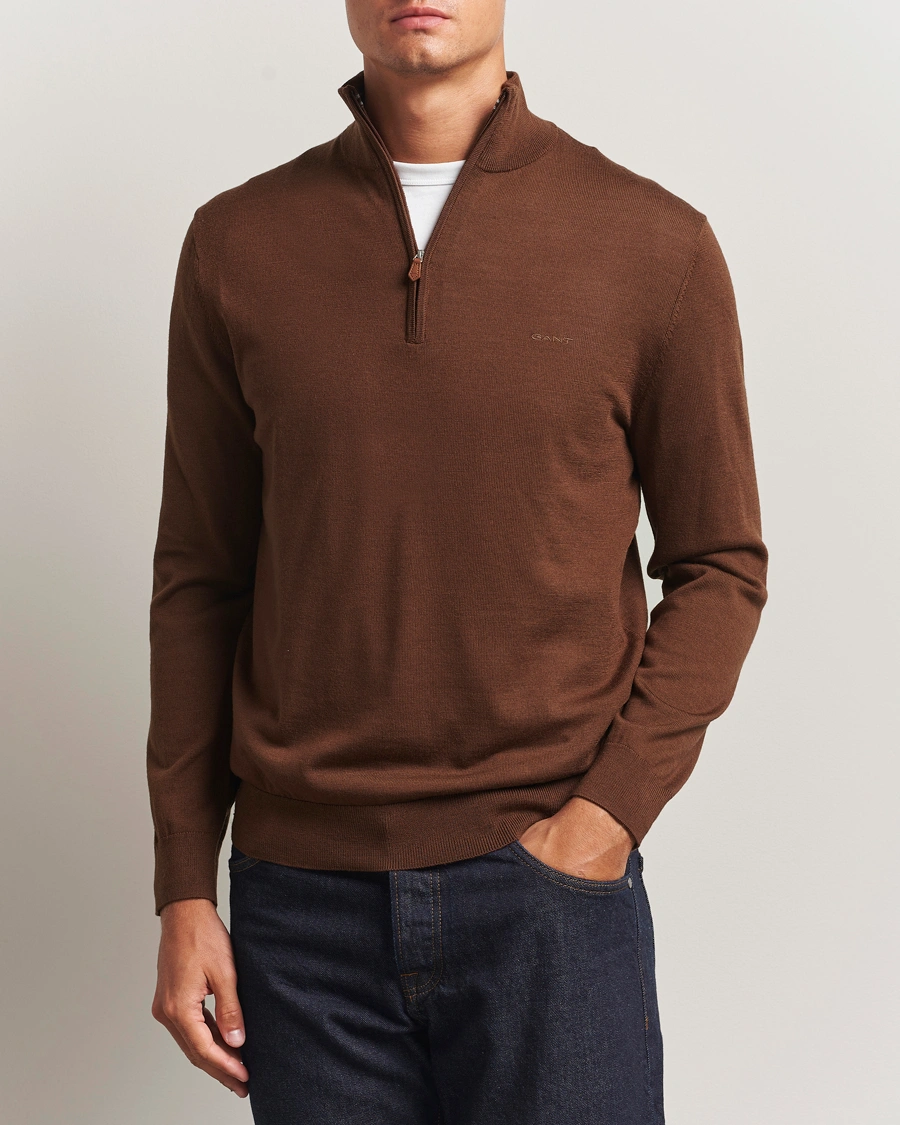 Herr | Tröjor | GANT | Extrafine Merino Wool Half Zip Mahogany Brown