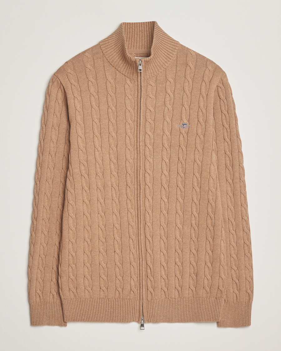 Herr | Tröjor | GANT | Cotton Cable Full Zip Dark Sand Melange