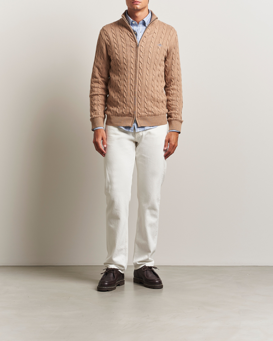 Herr | Tröjor | GANT | Cotton Cable Full Zip Dark Sand Melange