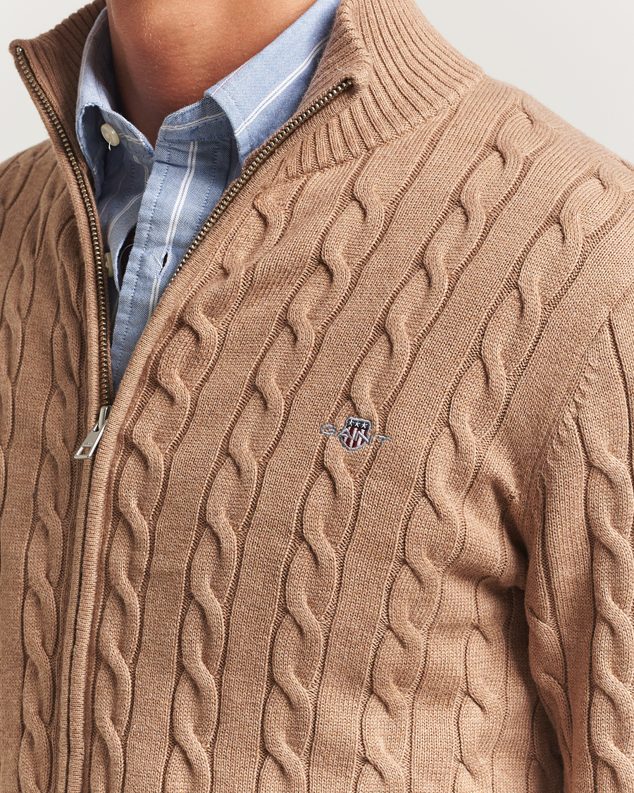 Herr | Tröjor | GANT | Cotton Cable Full Zip Dark Sand Melange