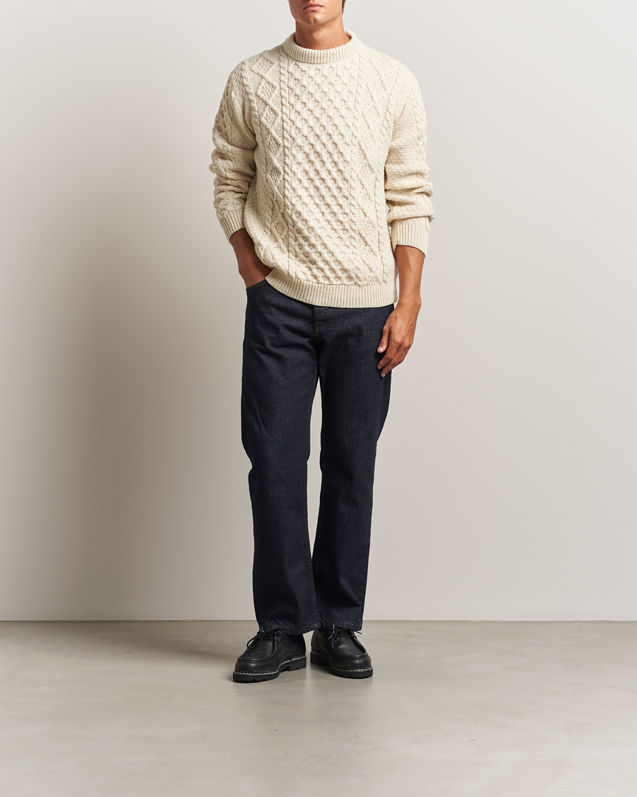 Herr | Tröjor | Gloverall | Aran Wool Knitted Sweater Ecru