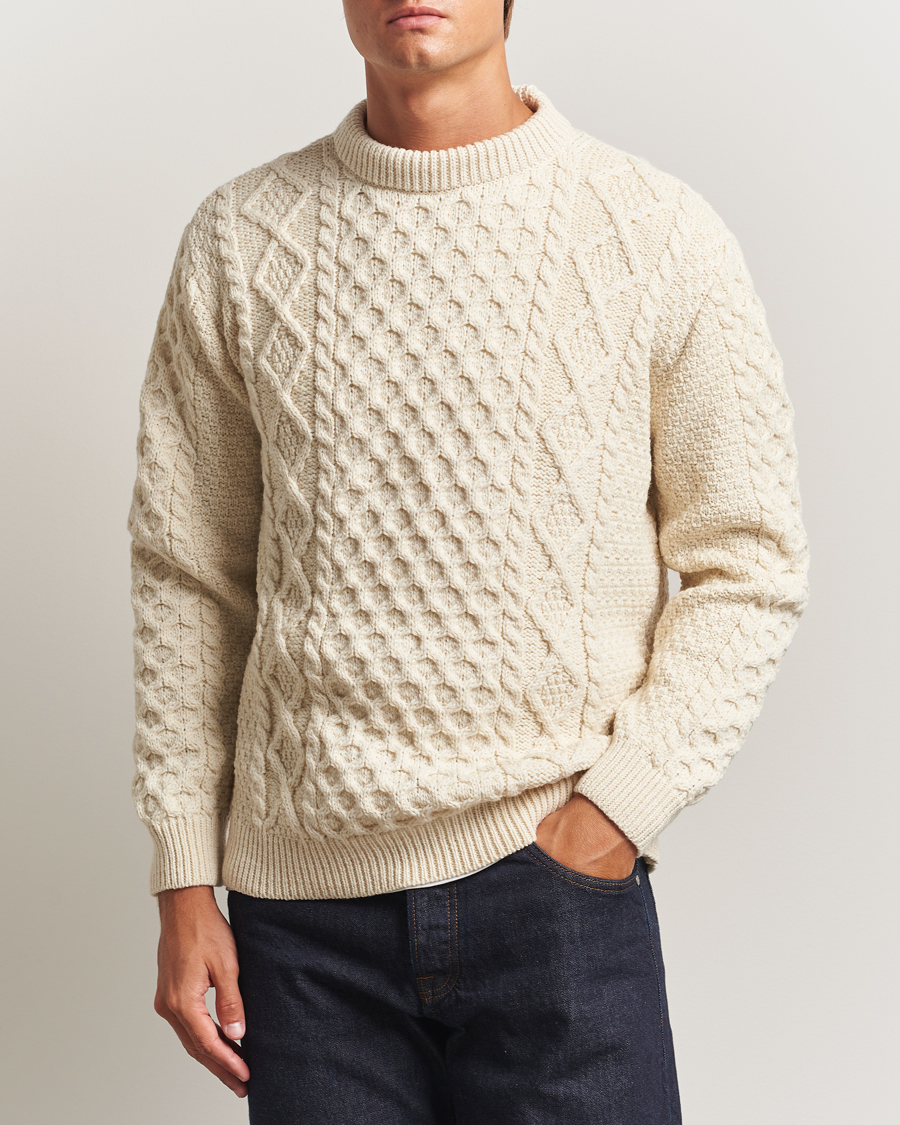 Herr | Tröjor | Gloverall | Aran Wool Knitted Sweater Ecru