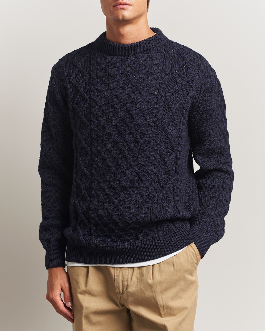 Herr | Tröjor | Gloverall | Aran Wool Knitted Sweater Navy