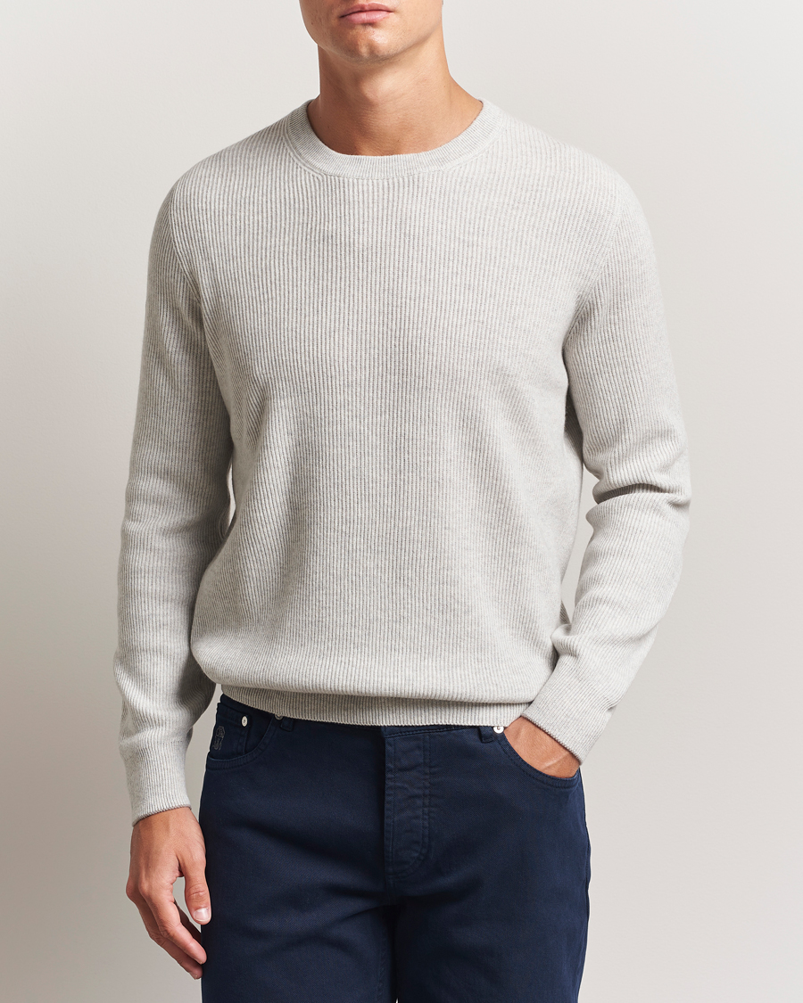 Herr | Tröjor | Brunello Cucinelli | Cashmere Rib Crew Neck Sweater Pearl Grey