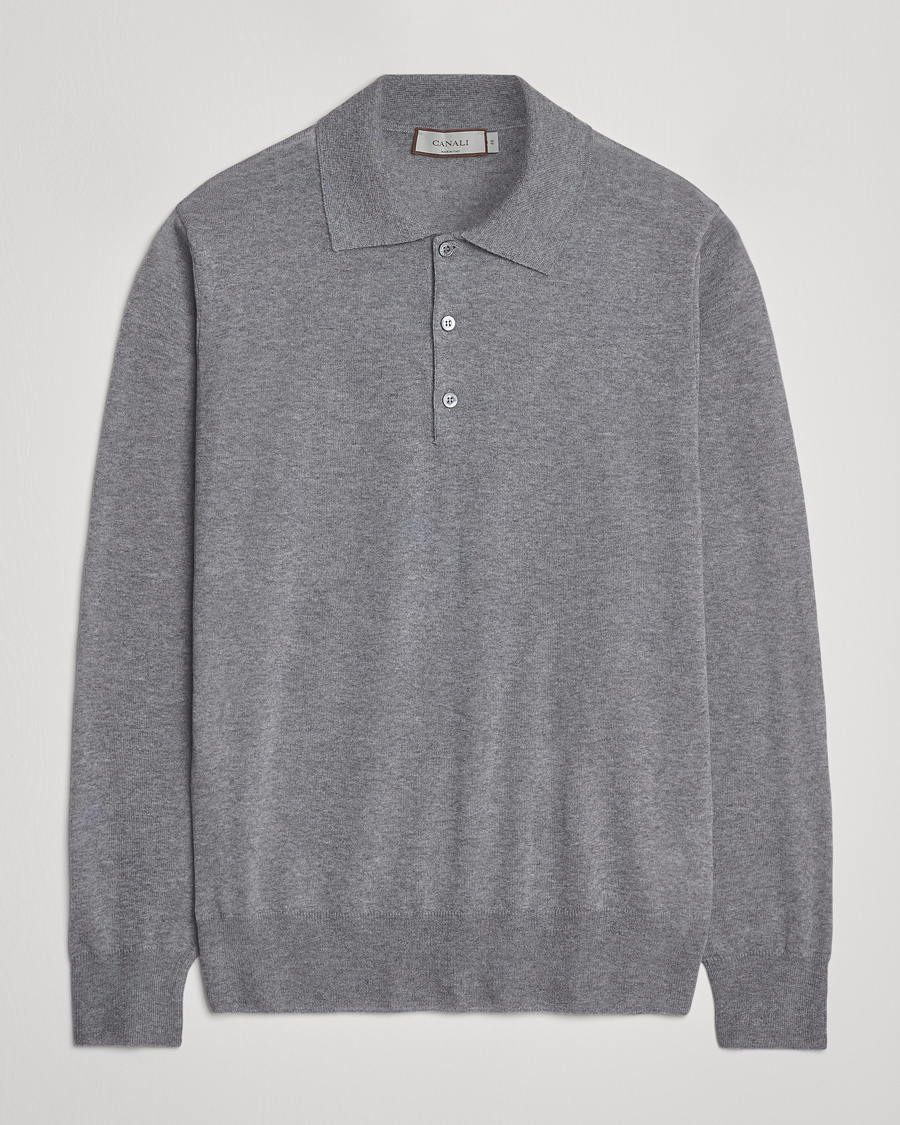 Herr | Tröjor | Canali | Merino Wool Long Sleeve Polo Light Grey
