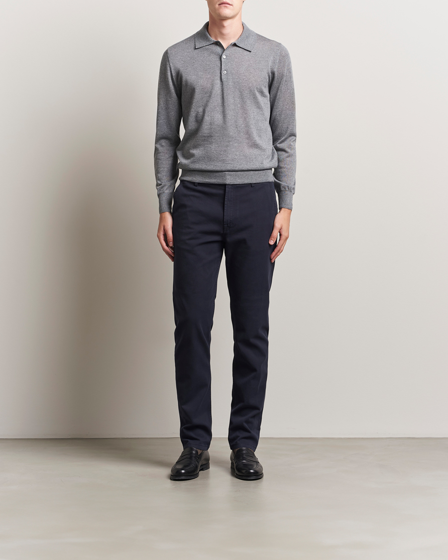 Herr | Tröjor | Canali | Merino Wool Long Sleeve Polo Light Grey