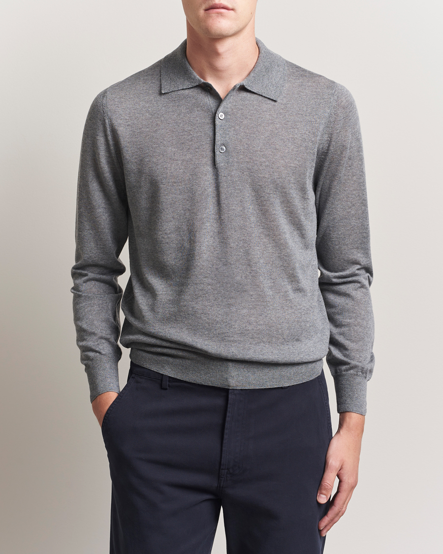 Herr | Tröjor | Canali | Merino Wool Long Sleeve Polo Light Grey