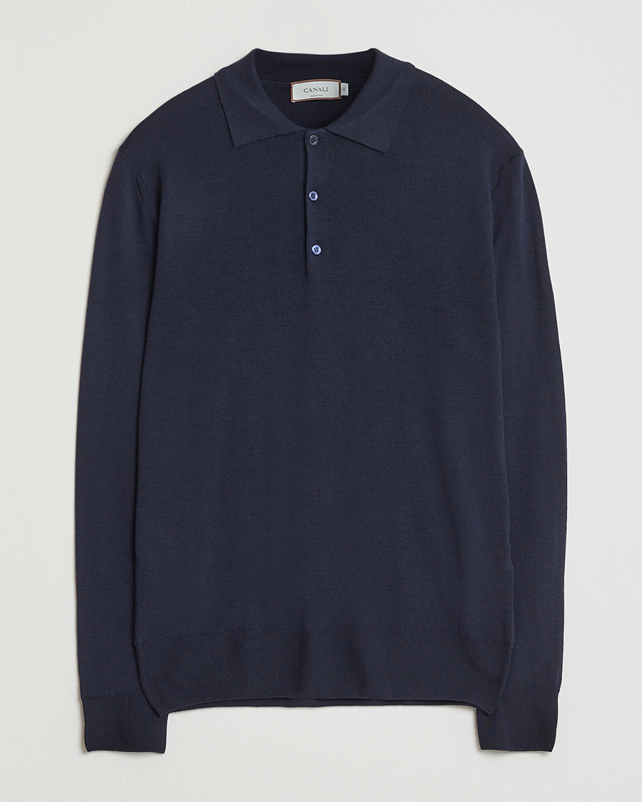 Herr | Tröjor | Canali | Merino Wool Long Sleeve Polo Navy