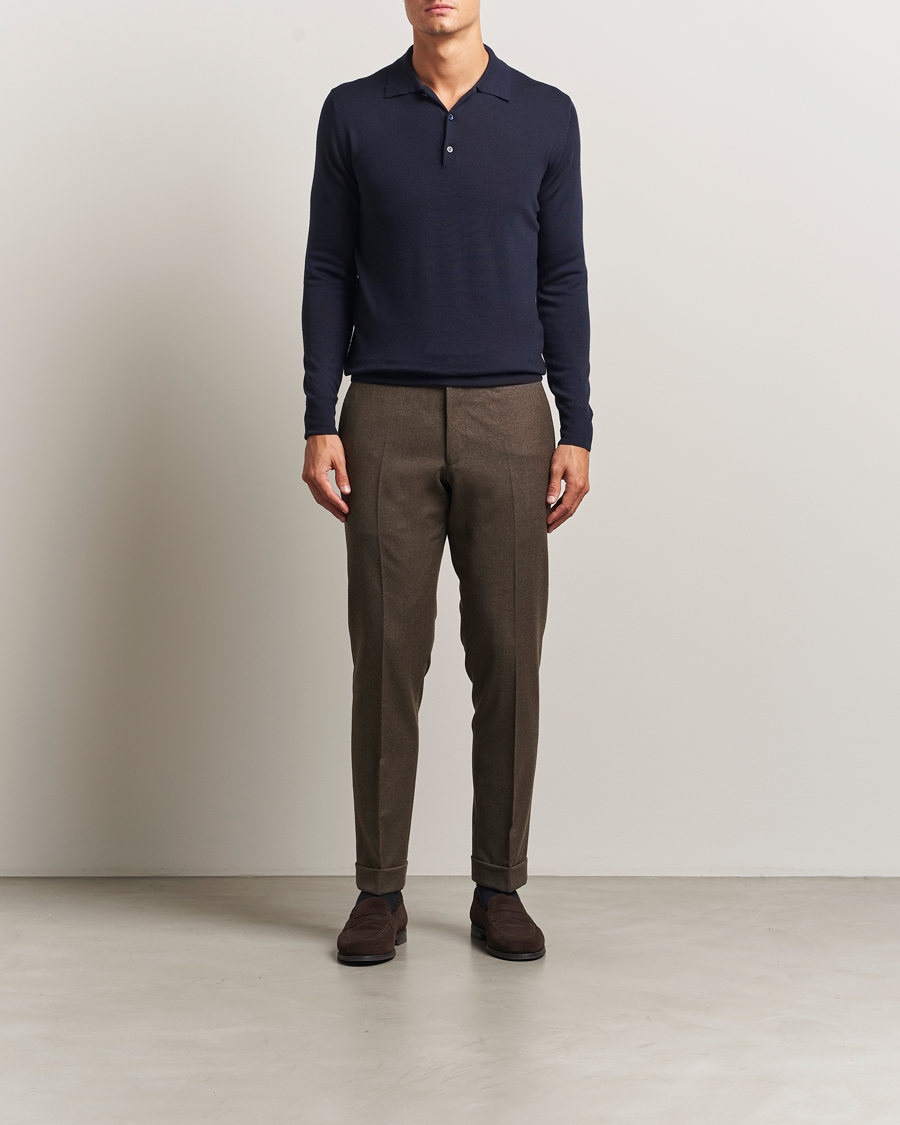 Herr | Tröjor | Canali | Merino Wool Long Sleeve Polo Navy