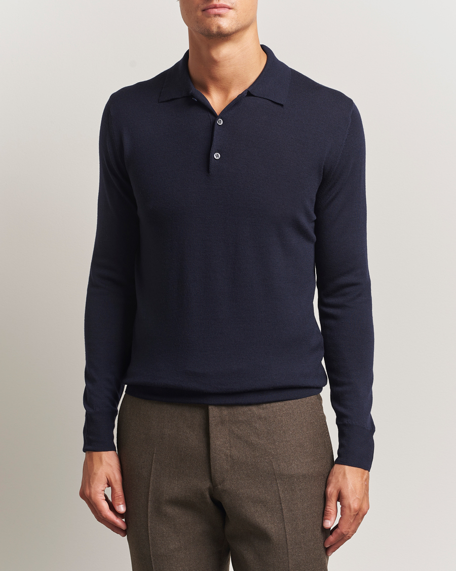 Herr | Tröjor | Canali | Merino Wool Long Sleeve Polo Navy