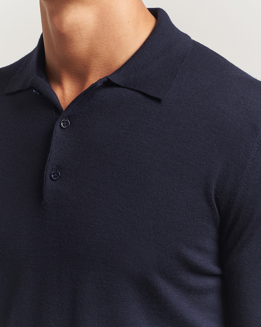 Herr | Tröjor | Canali | Merino Wool Long Sleeve Polo Navy