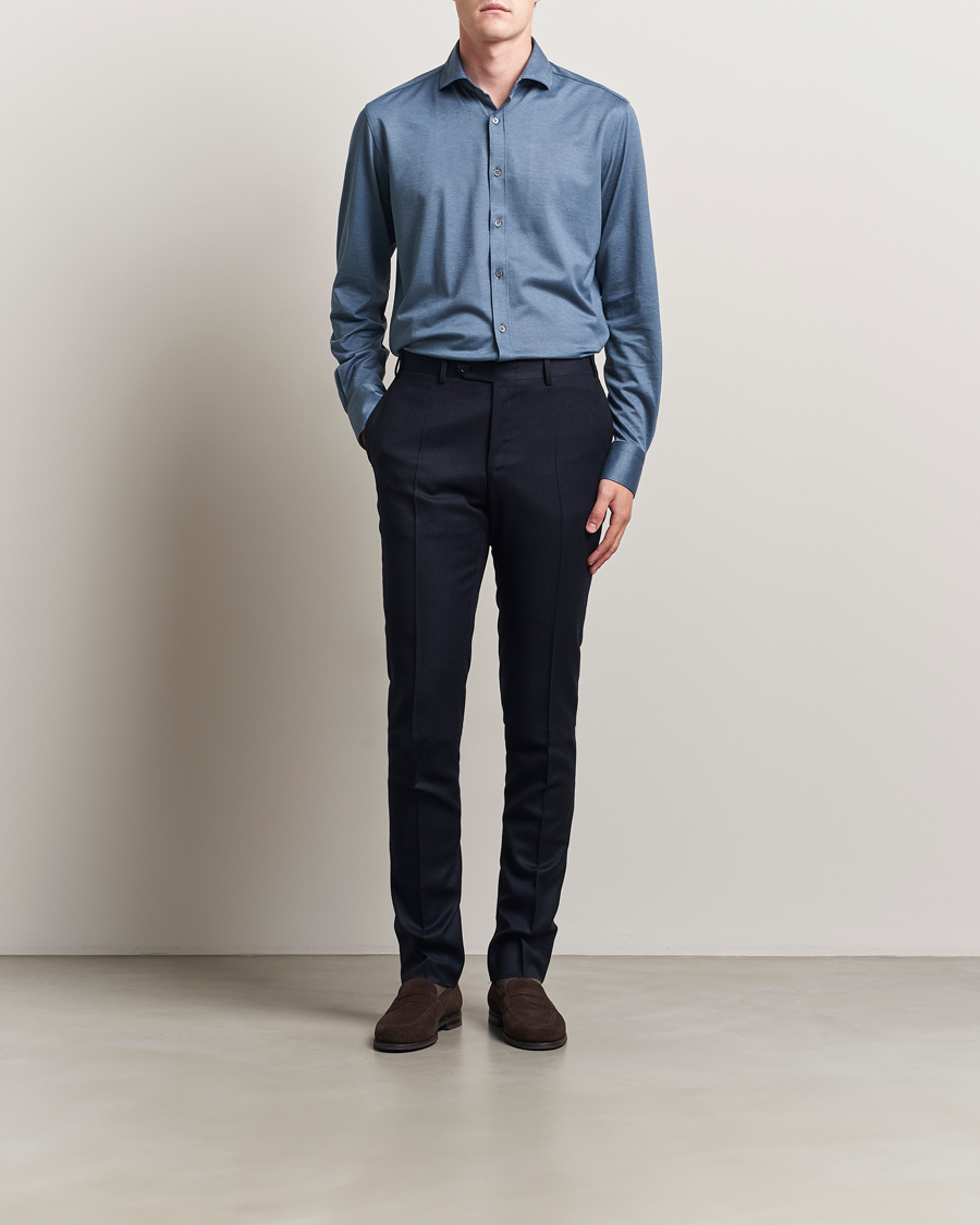 Herr | Skjortor | Canali | Jersey Piquet Shirt Blue