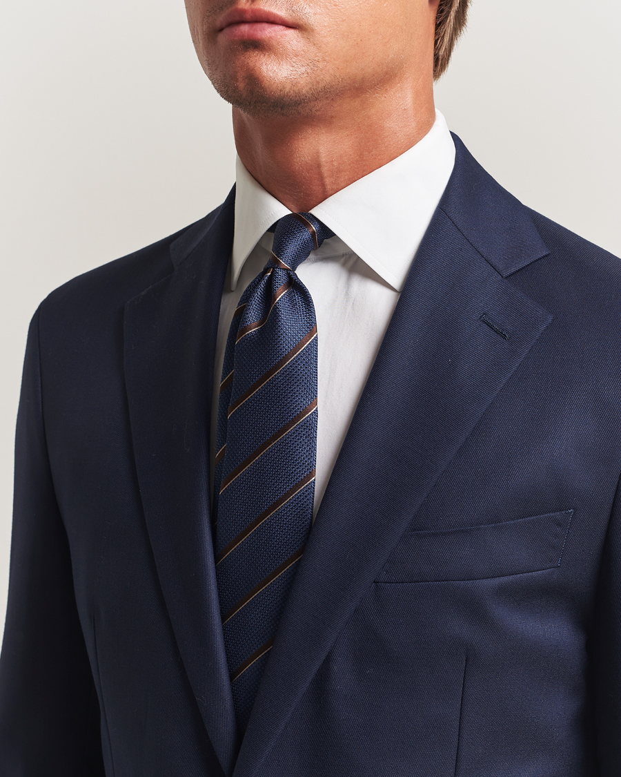 Herr | Slipsar | Canali | Regimental Stripe Silk Tie Navy/Brown