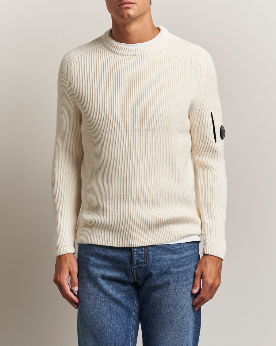 Herr | Tröjor | C.P. Company | Full Rib Knitted Cotton Crew Neck White