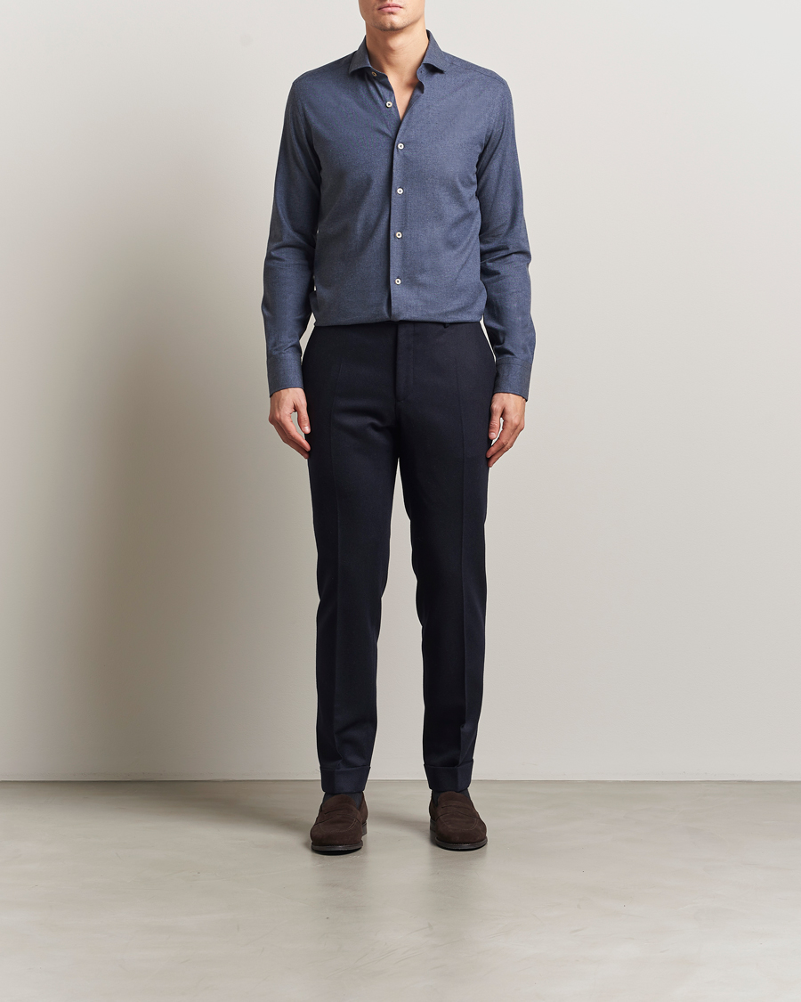 Herr | Skjortor | Grigio | Washed Flannel Shirt Dark Blue