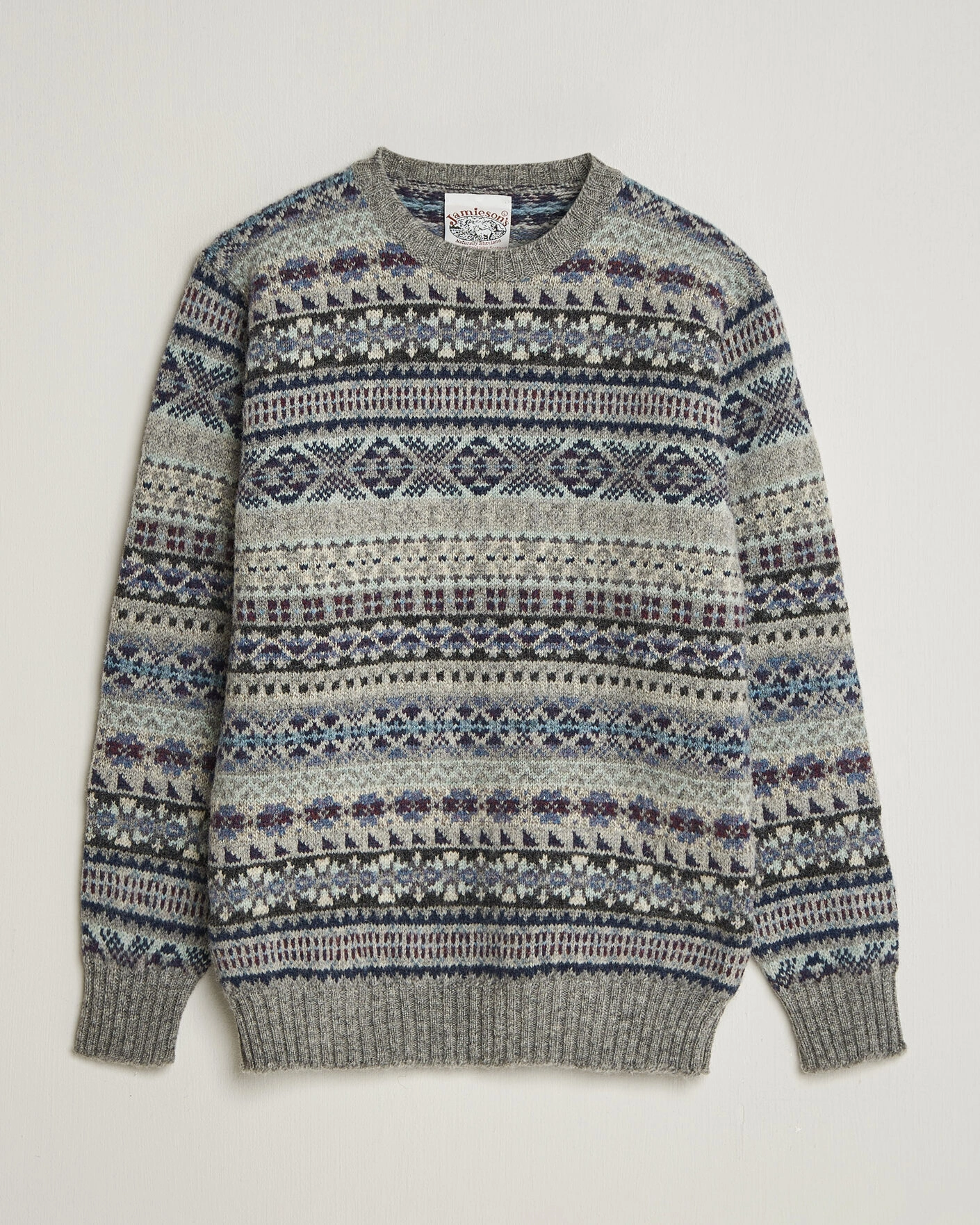 Herr | Tröjor | Jamieson's of Shetland | Jamiesons Of Shetland All Over Fair Isle Pullover Crew Neck Light Grey