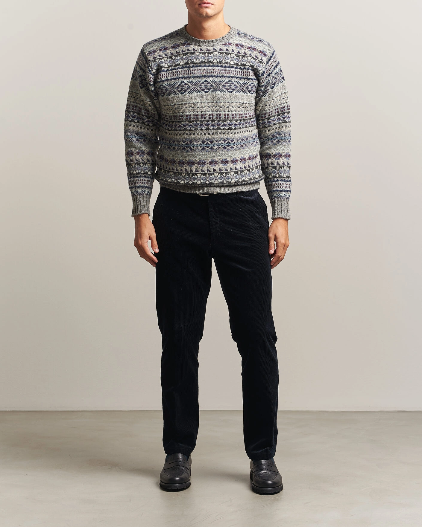 Herr | Tröjor | Jamieson's of Shetland | Jamiesons Of Shetland All Over Fair Isle Pullover Crew Neck Light Grey